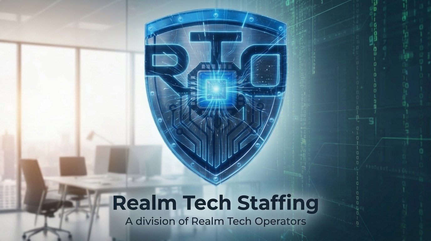 Realm Tech Staffing, a division of Realm Tech Operators. The RTO shield emblem over a modern office with a column of binary code.